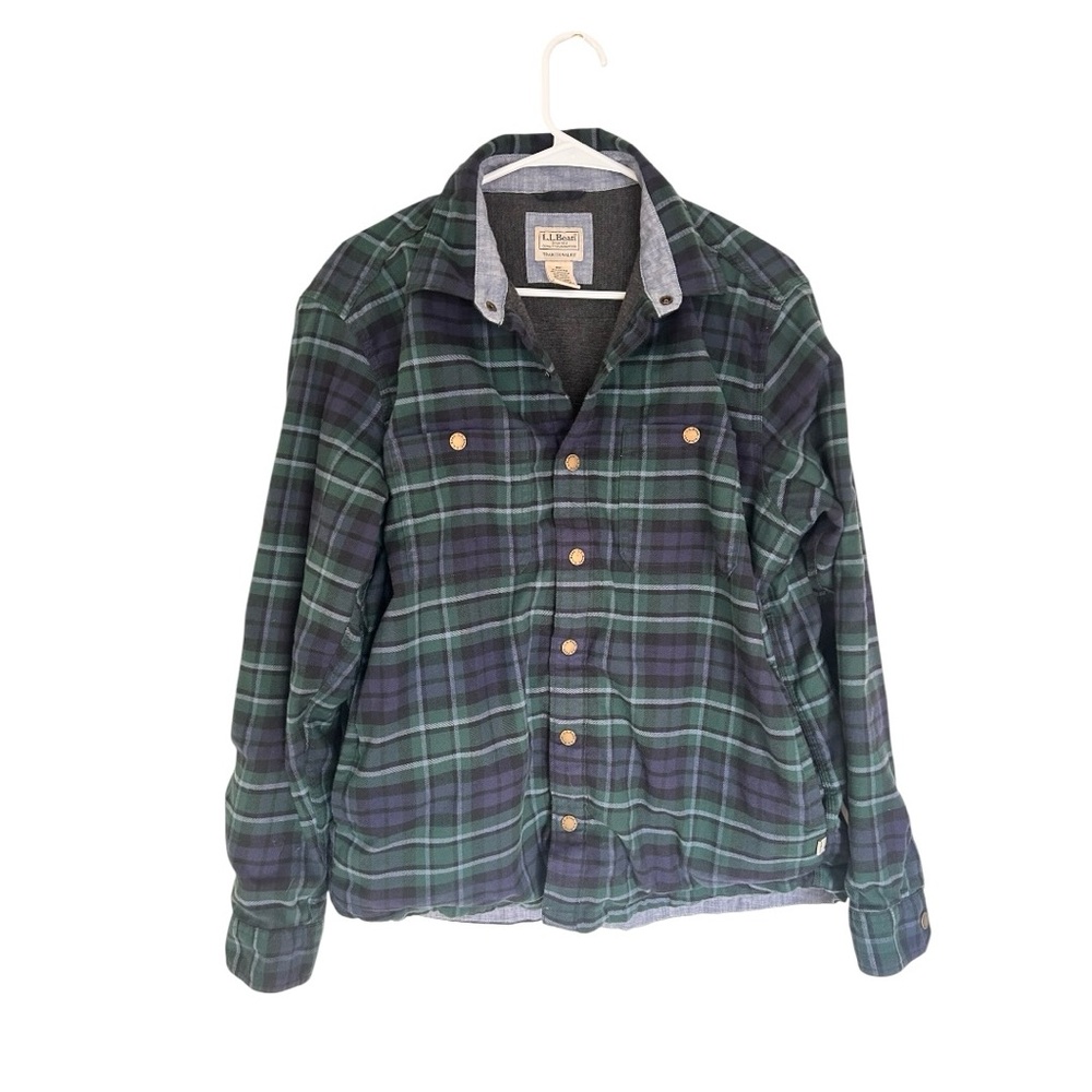 LL Bean blue plaid lined snap button shacket Size Medium pockets